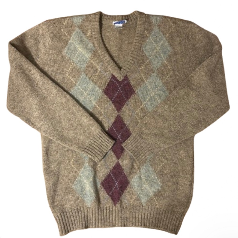 Vintage Shetland Wool Argyle V Neck Men’s Sweater L